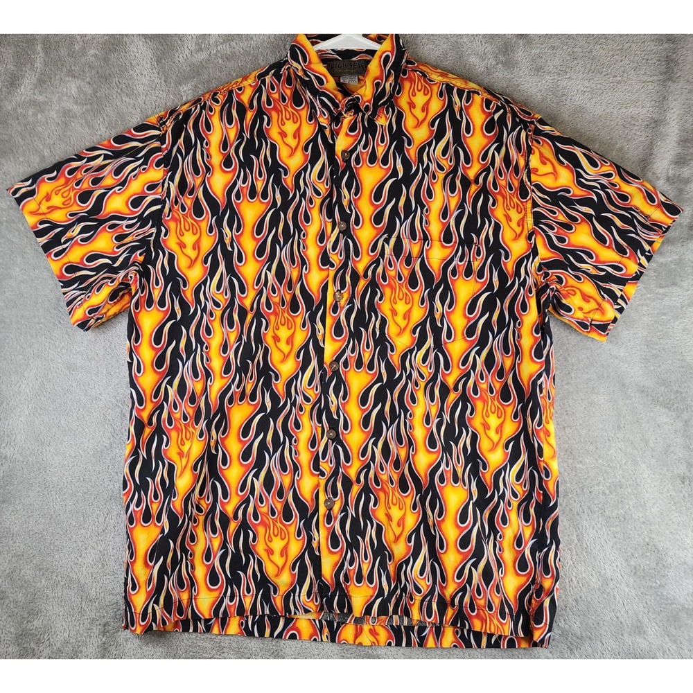 High Seas Trading Co Shirt Mens Large Black Orange Flame Print Button Down